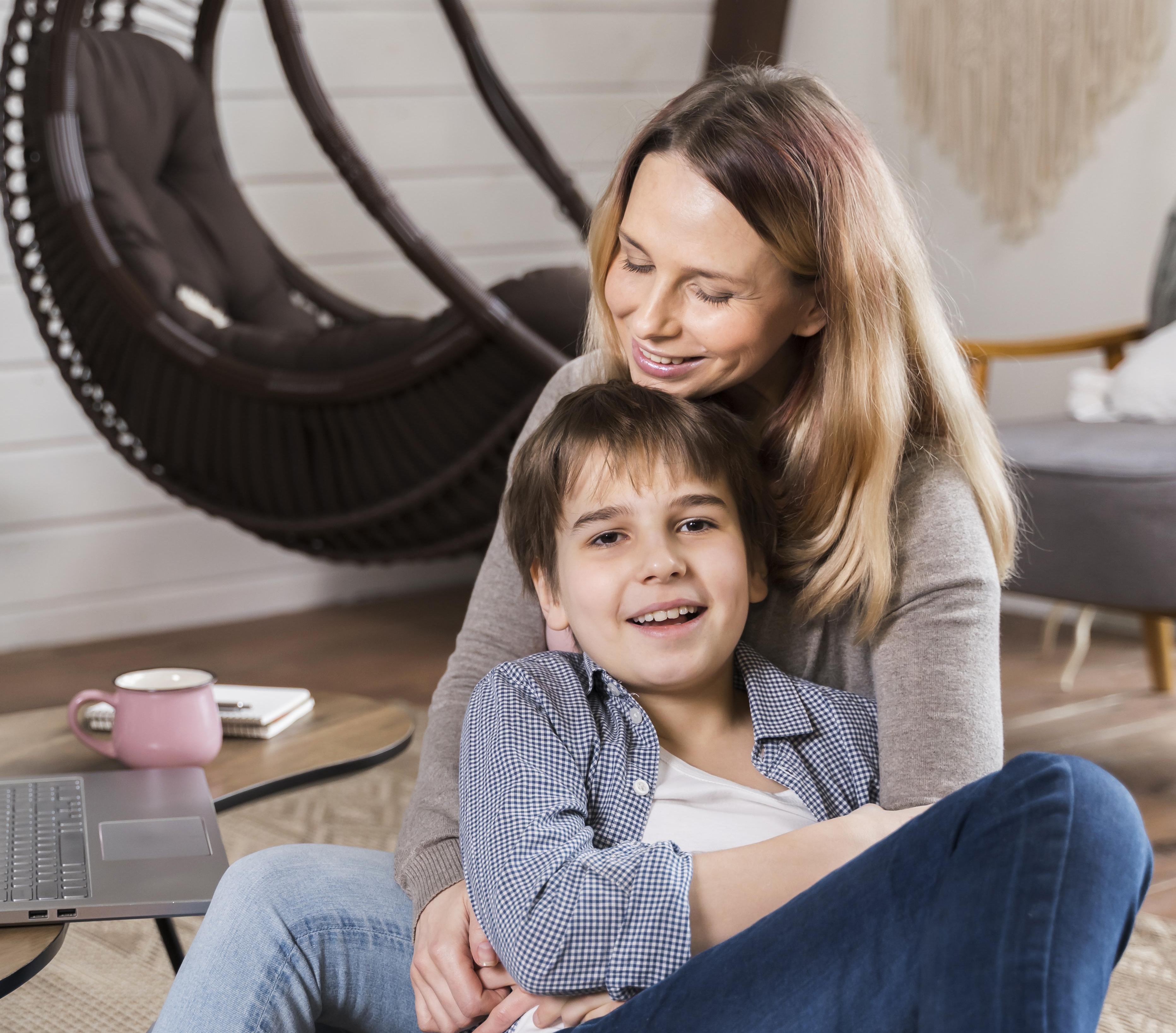 Mother and son practicing mindfulness together